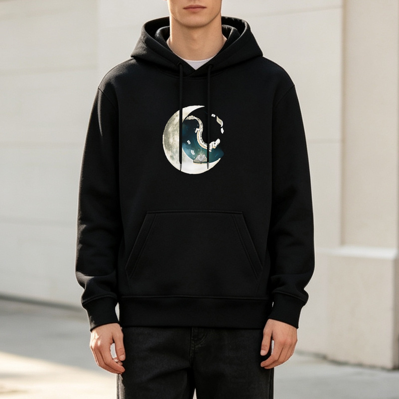 Black Hoodie With Crescent Moon Wave Art Print