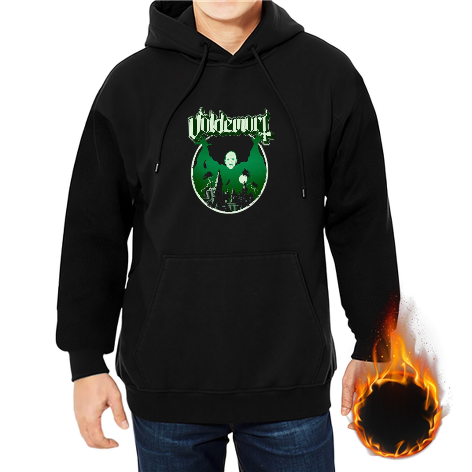 Black hoodie with Voldemort graphic and stylized text print
