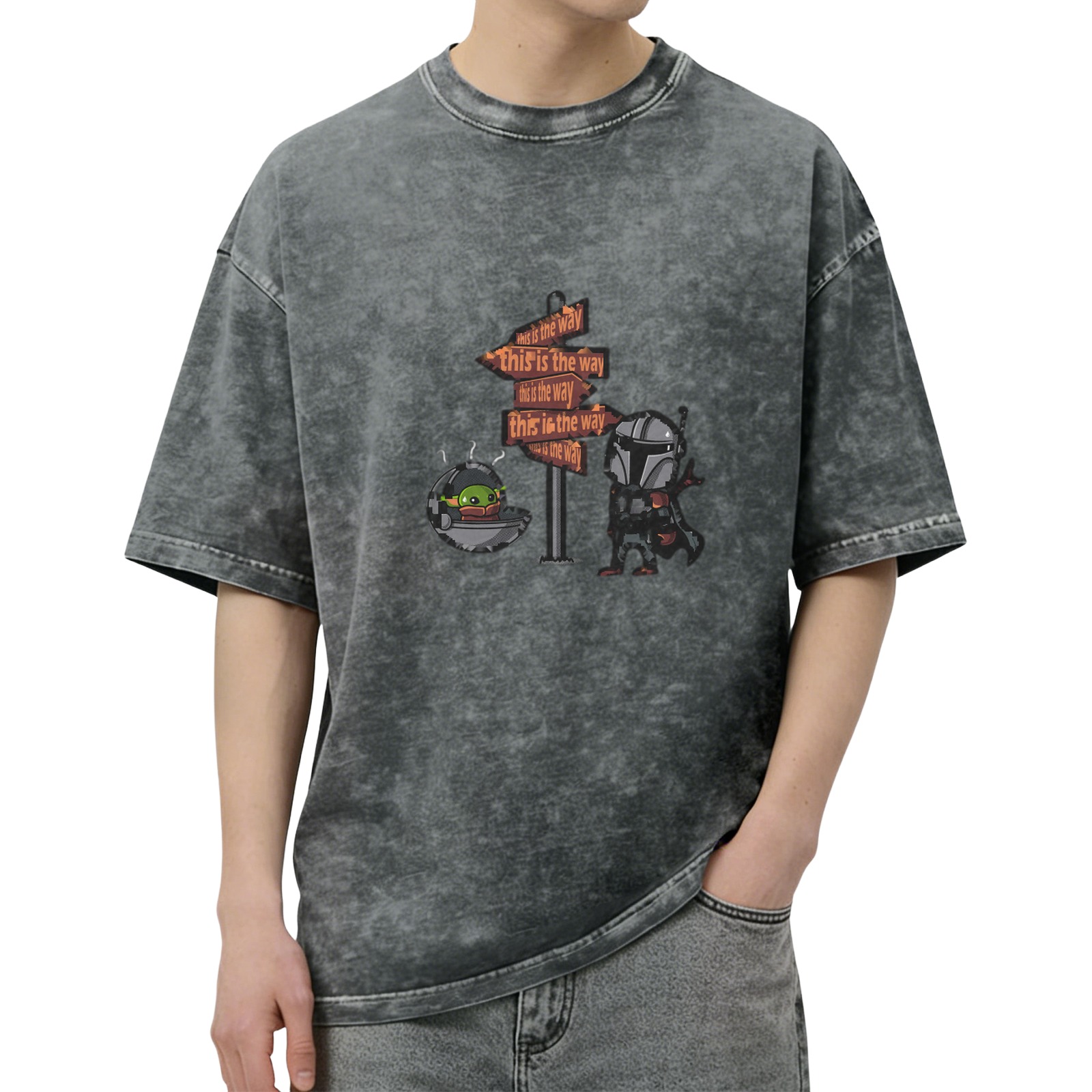 Distressed black Mandalorian themed printed short-sleeved T-shirt