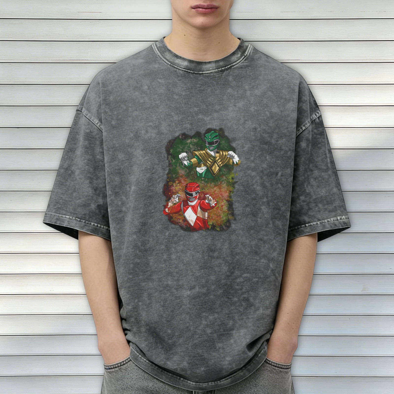 Power Rangers Red and Green Vintage Wash Graphic T-Shirt