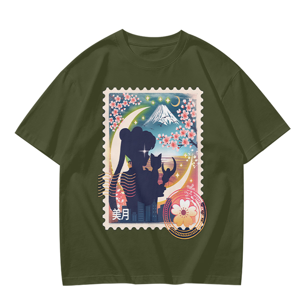 Olive T-shirt with Japanese stamp-style anime graphic print