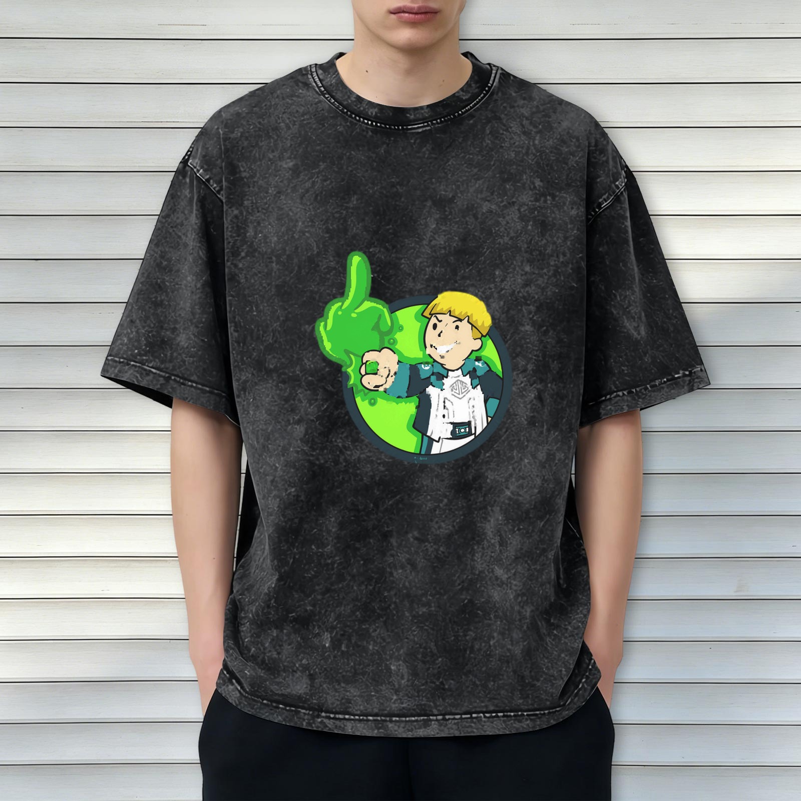 Oversized Acid Wash T-Shirt With Cartoon Character And Green Slime Graphic