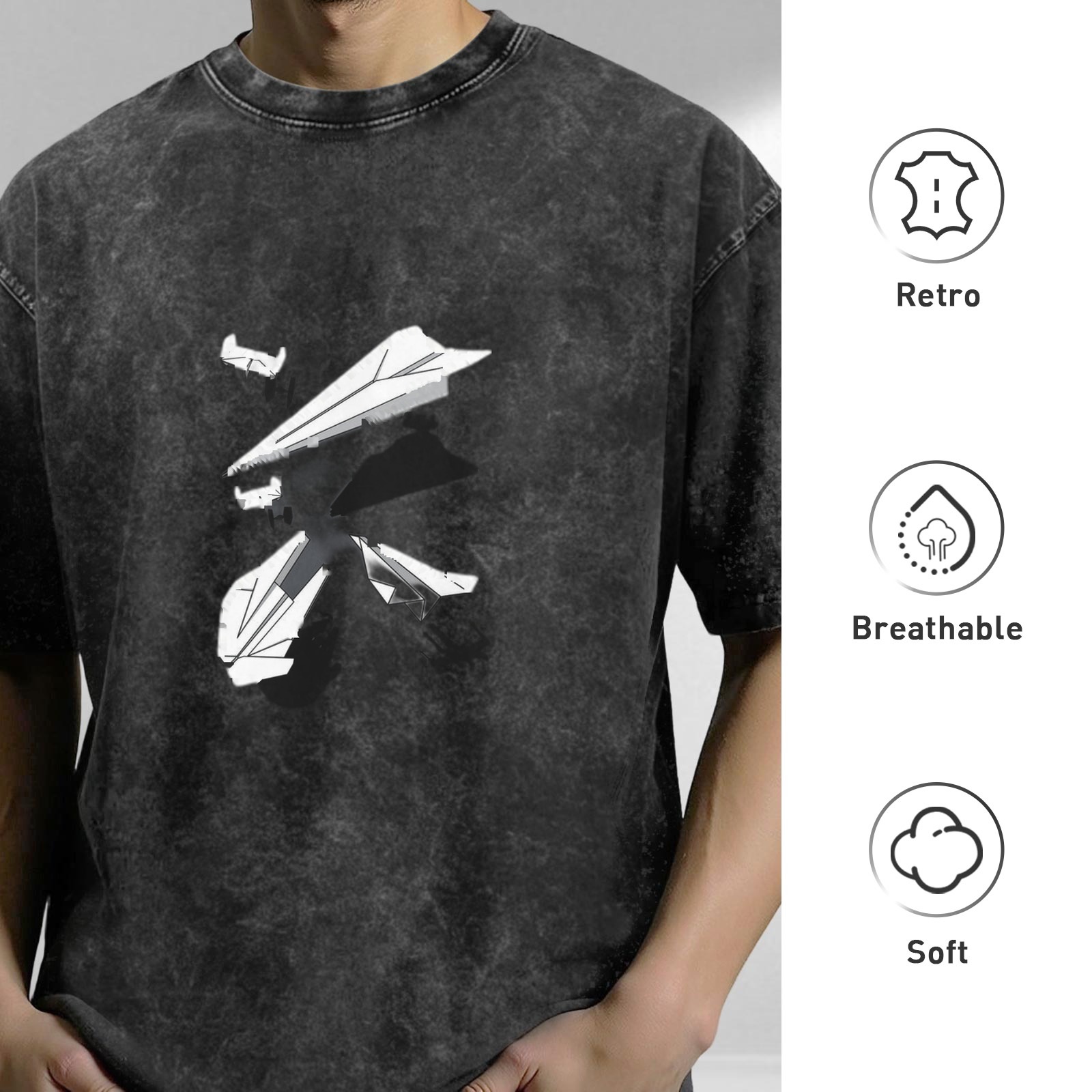 Oversized Acid Wash T-Shirt with Broken Paper Plane Graphic Print