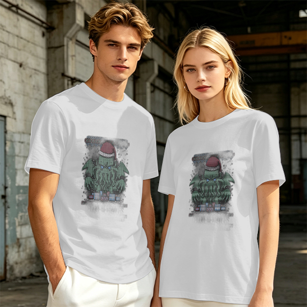 Olive T-Shirt With Christmas Cthulhu Graphic Print