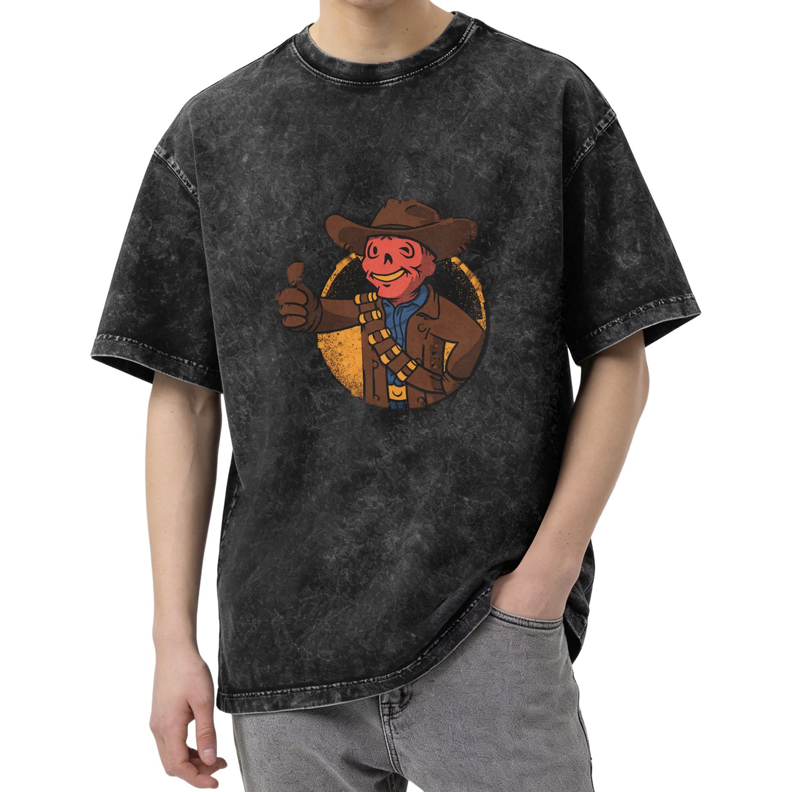 Distressed washed black short-sleeved T-shirt Fallout game themed skull denim printed loose top