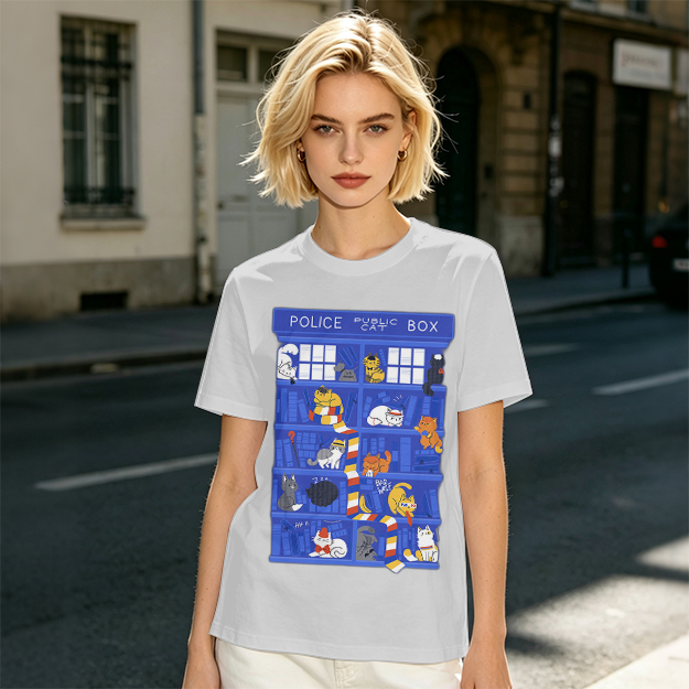 Olive T-Shirt with Police Box and Playful Cats Graphic