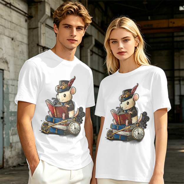 Steampunk mouse reading book graphic olive green t-shirt