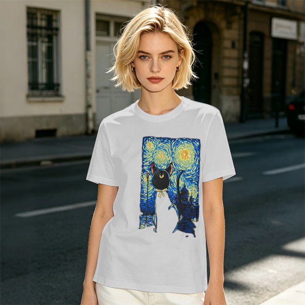 Olive T-Shirt with Starry Night Cat Art Print