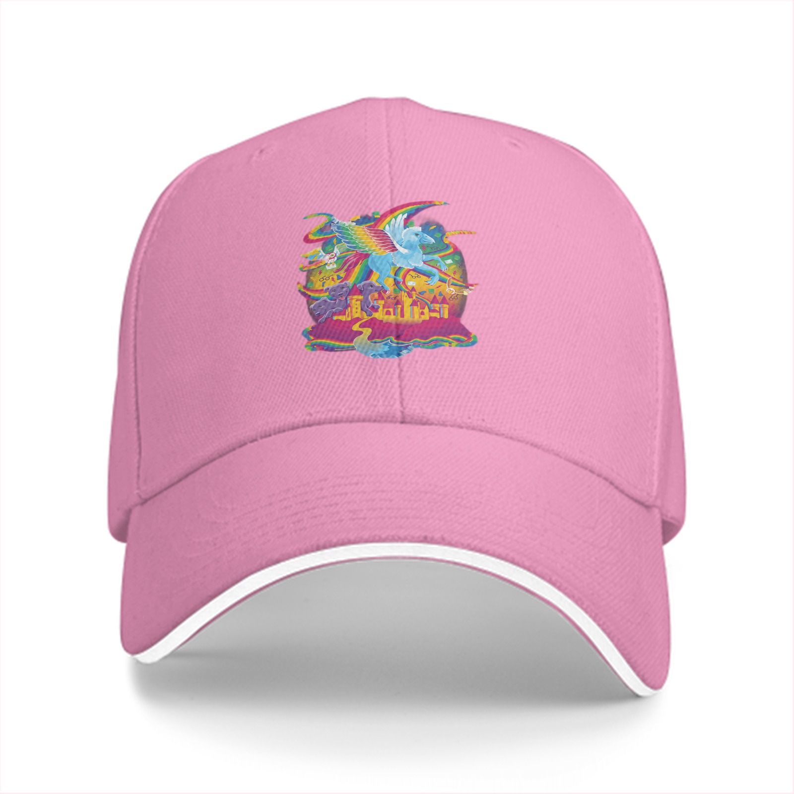 Black baseball cap with vibrant rainbow pegasus fantasy graphic