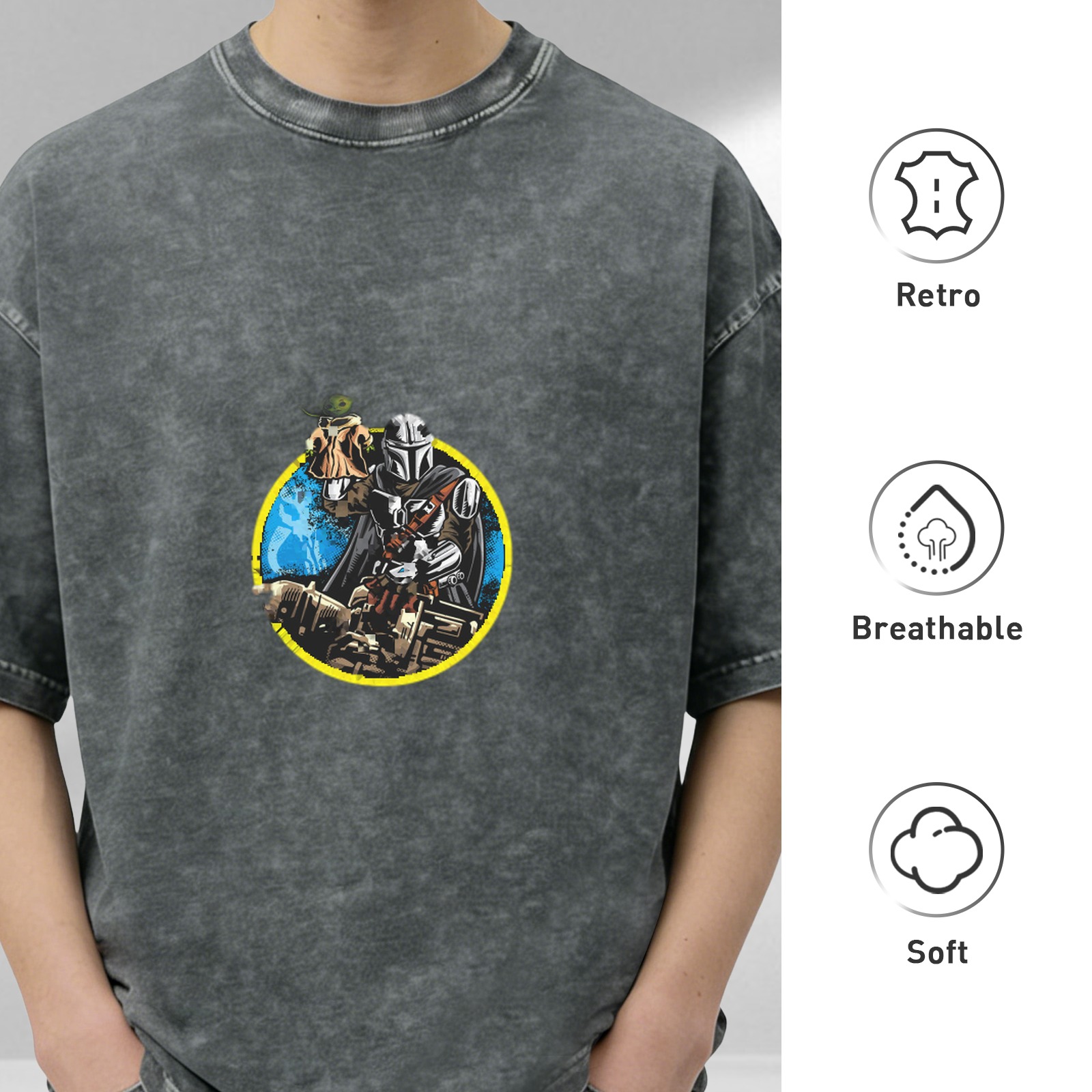 Washed Black T-Shirt With Mandalorian And Child Graphic