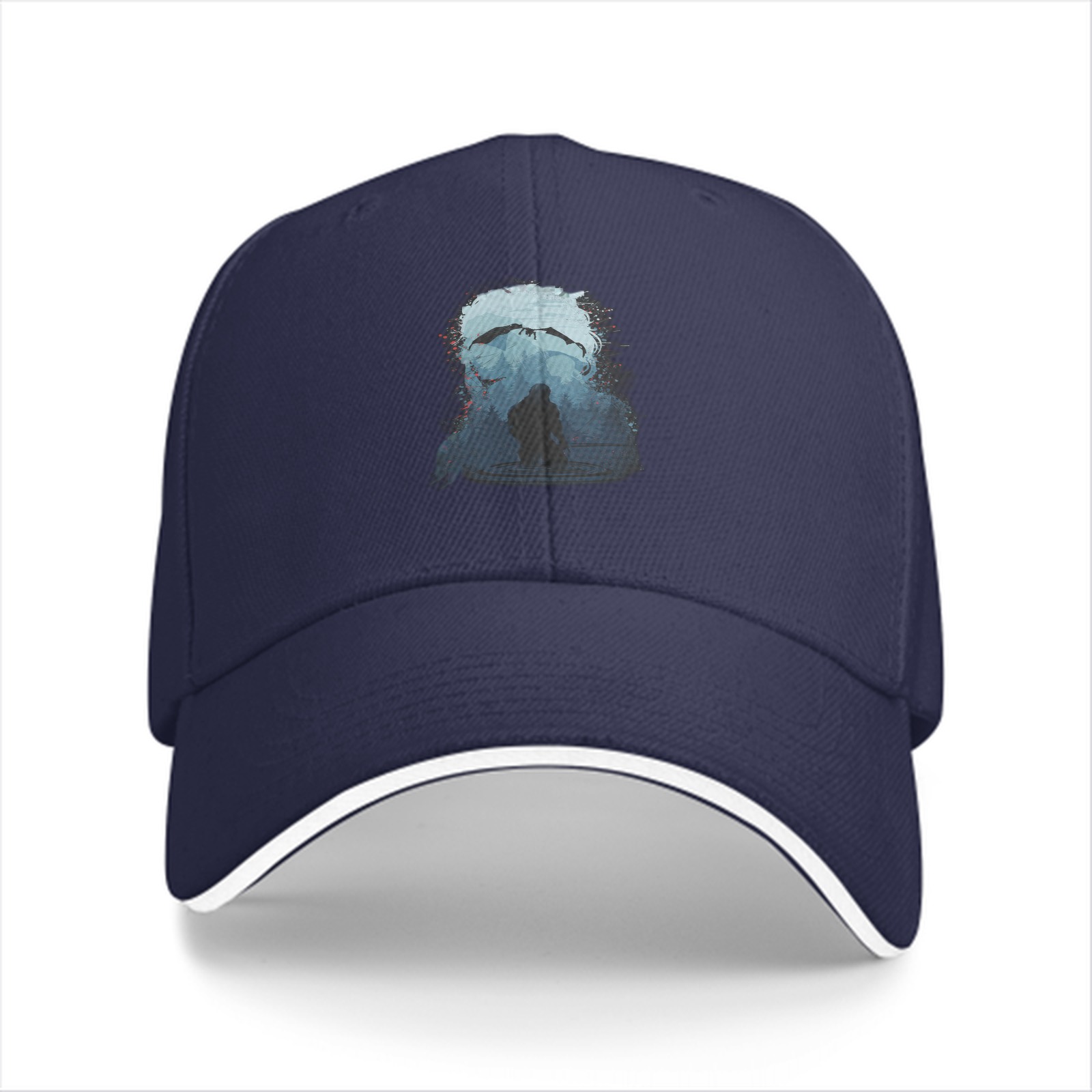 Black Baseball Cap With Abstract Blue Figure Print
