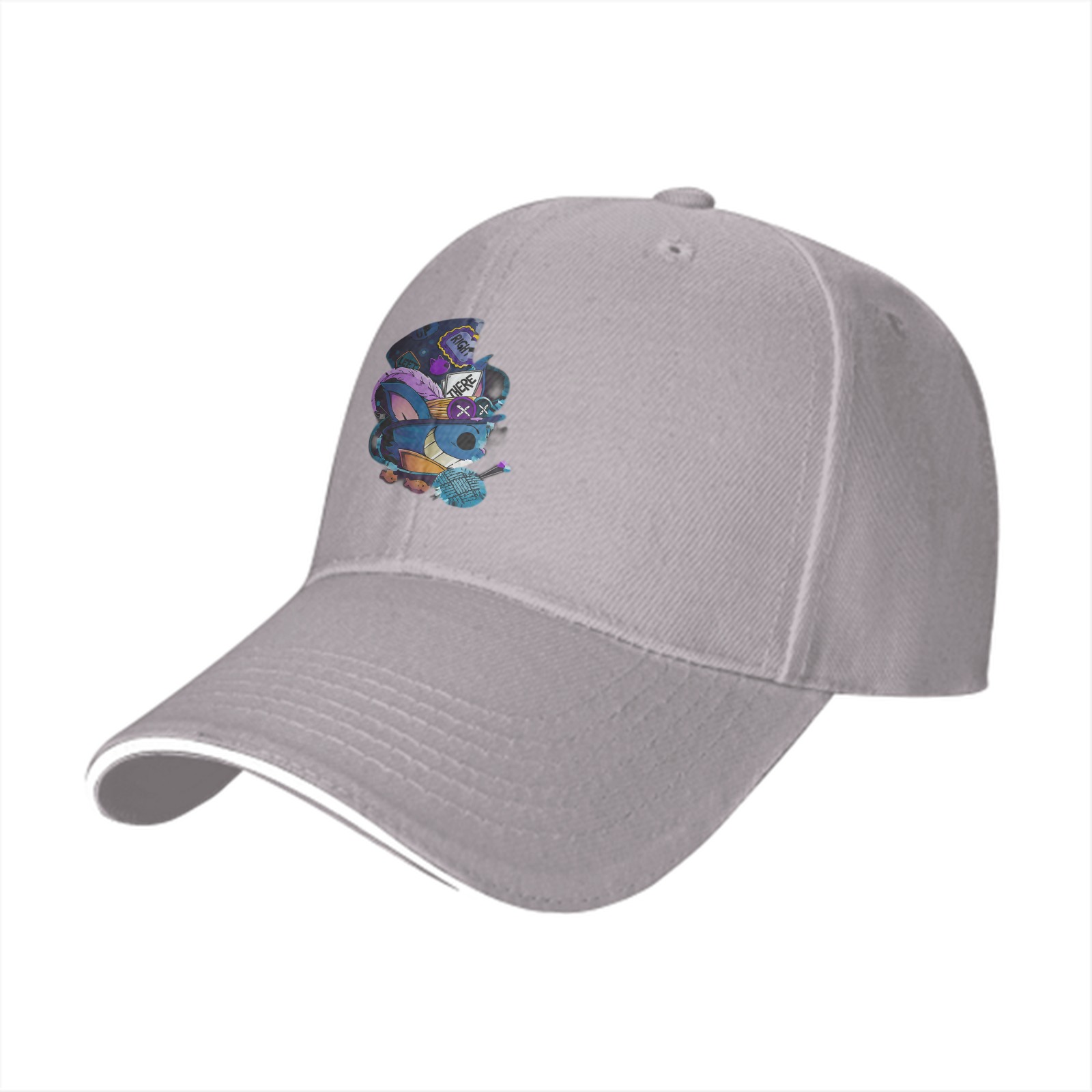 Black baseball cap with whimsical blue creature graphic