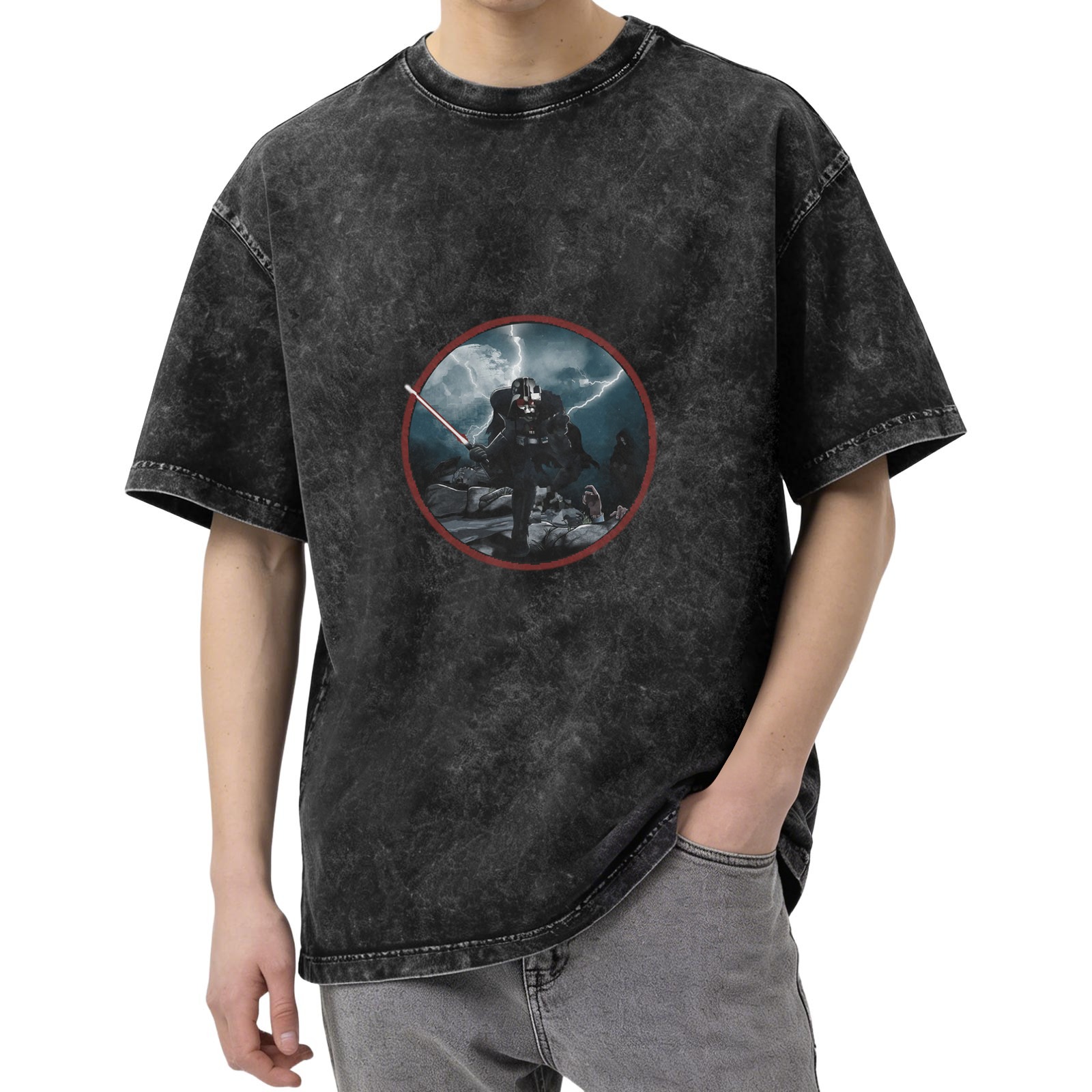 Star Wars Darth Vader Graphic Acid Wash T-Shirt - Dark Gray Oversized Short Sleeve Tee