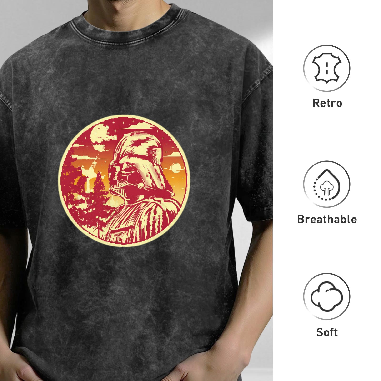 Oversized Dark Wash T-Shirt With Star Wars Darth Vader Sunset Print
