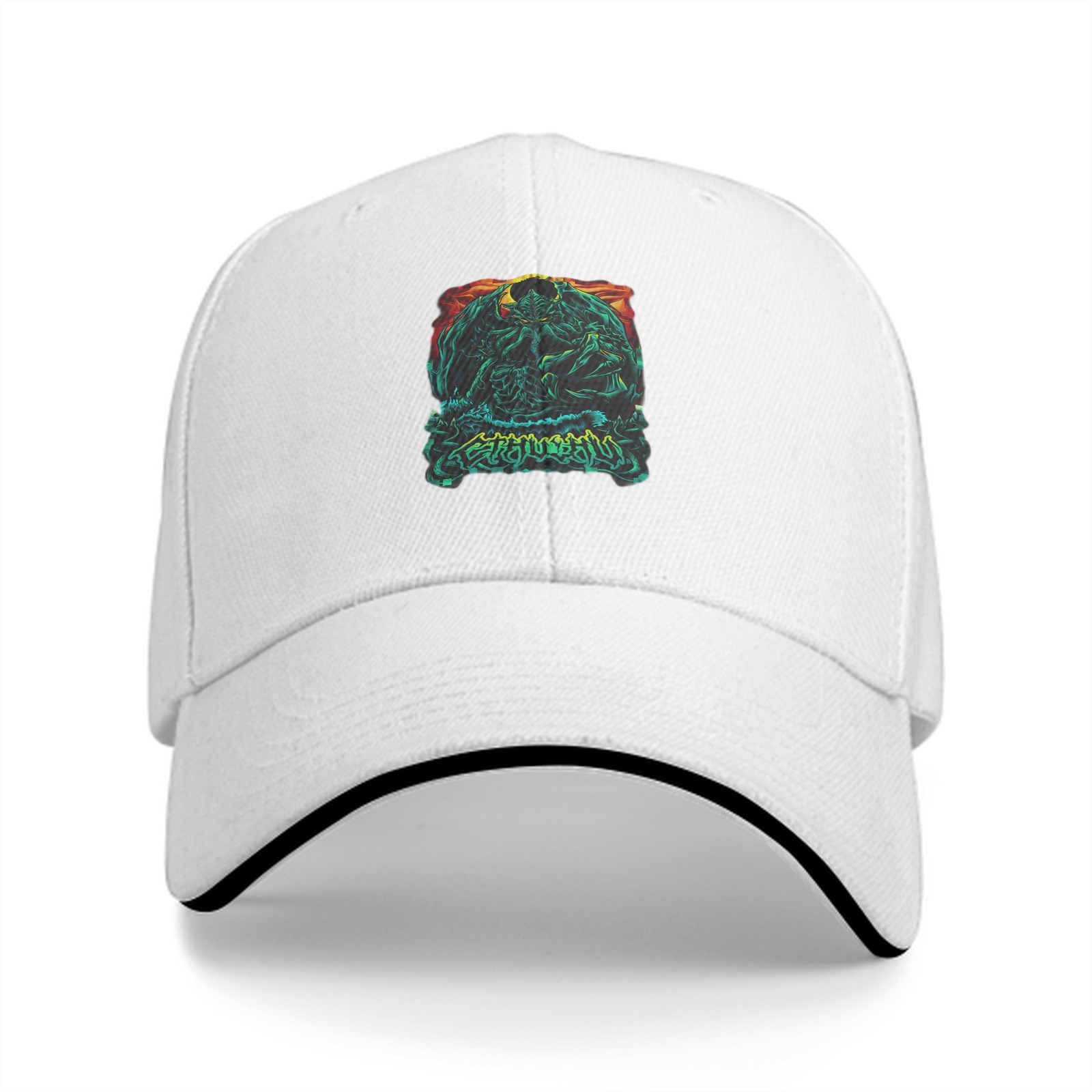 Black Baseball Cap With Dark Fantasy Monster Graphic Print