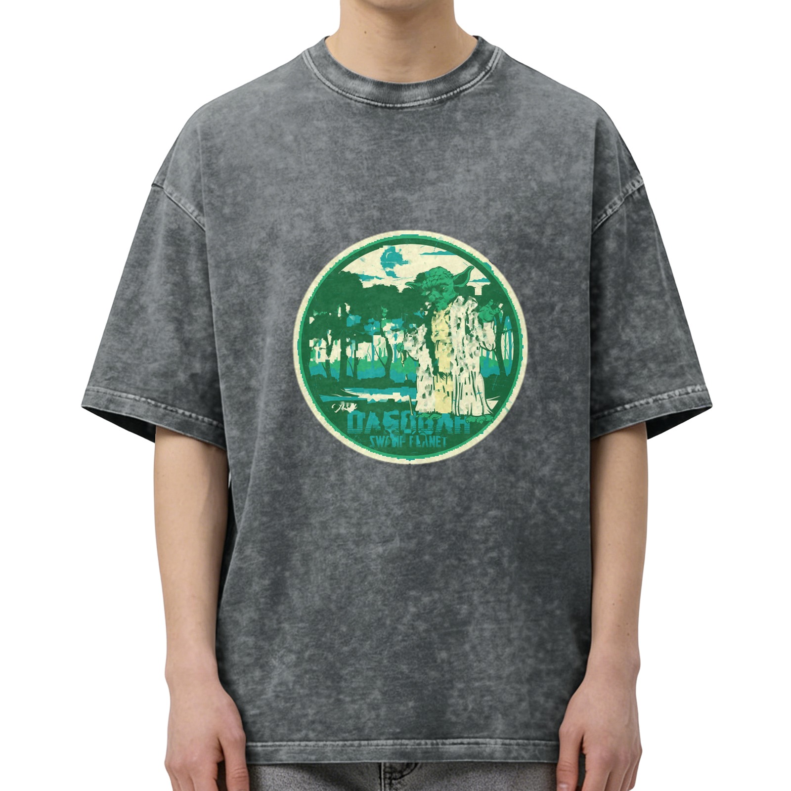 Oversized Acid Wash T-Shirt with Swamp Planet Graphic Print