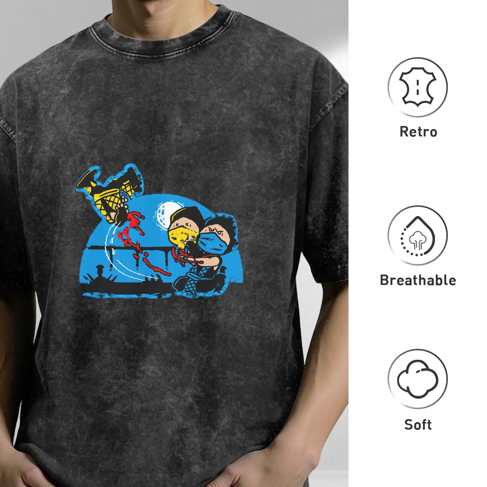 Washed Black Graphic T-Shirt With Cartoon Fight Scene Print