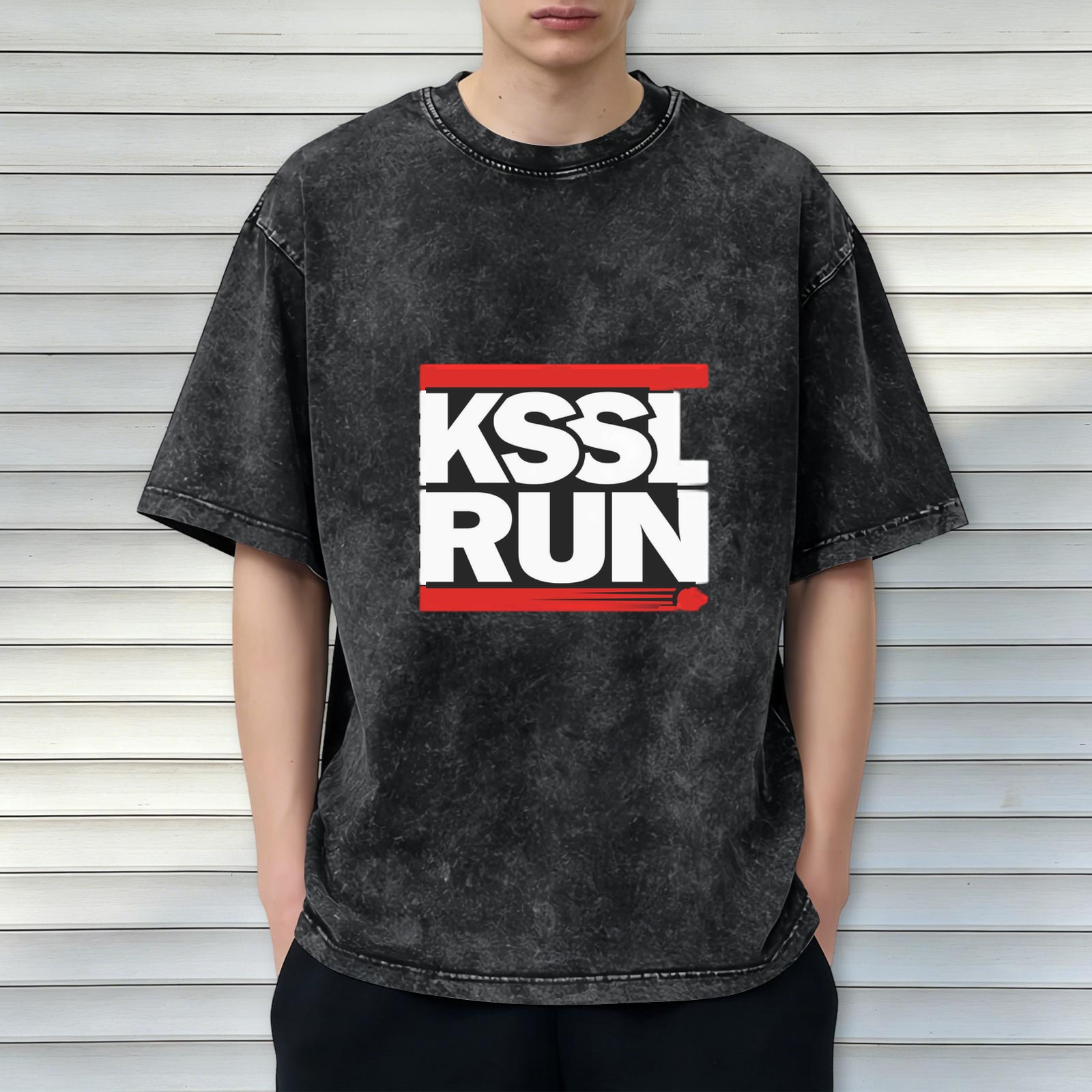Oversized acid wash t-shirt with KSSL RUN graphic print