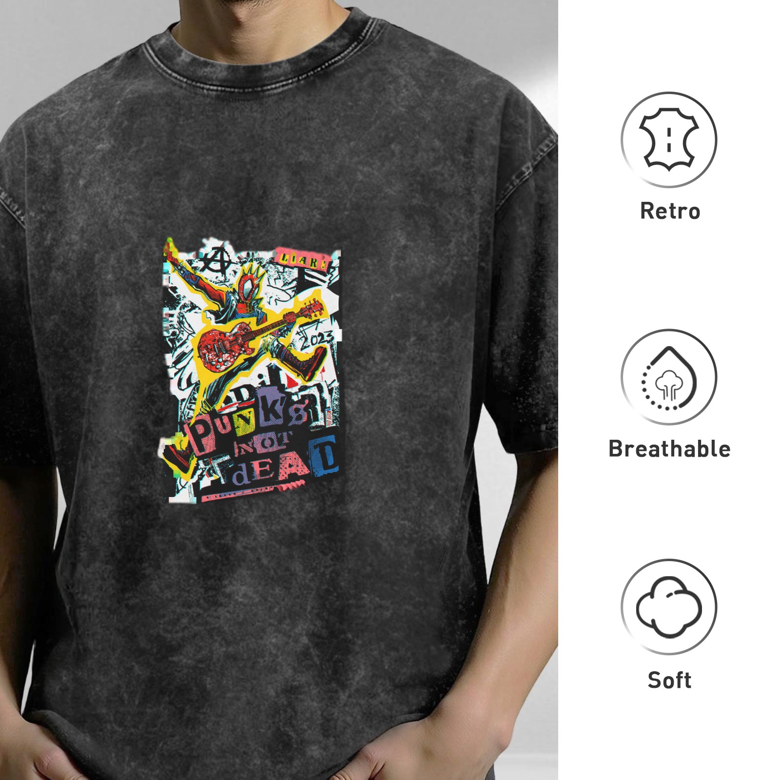 Oversized Acid Wash T-Shirt with Punk Spider Graphic Print - 'Punks Not Dead' Design