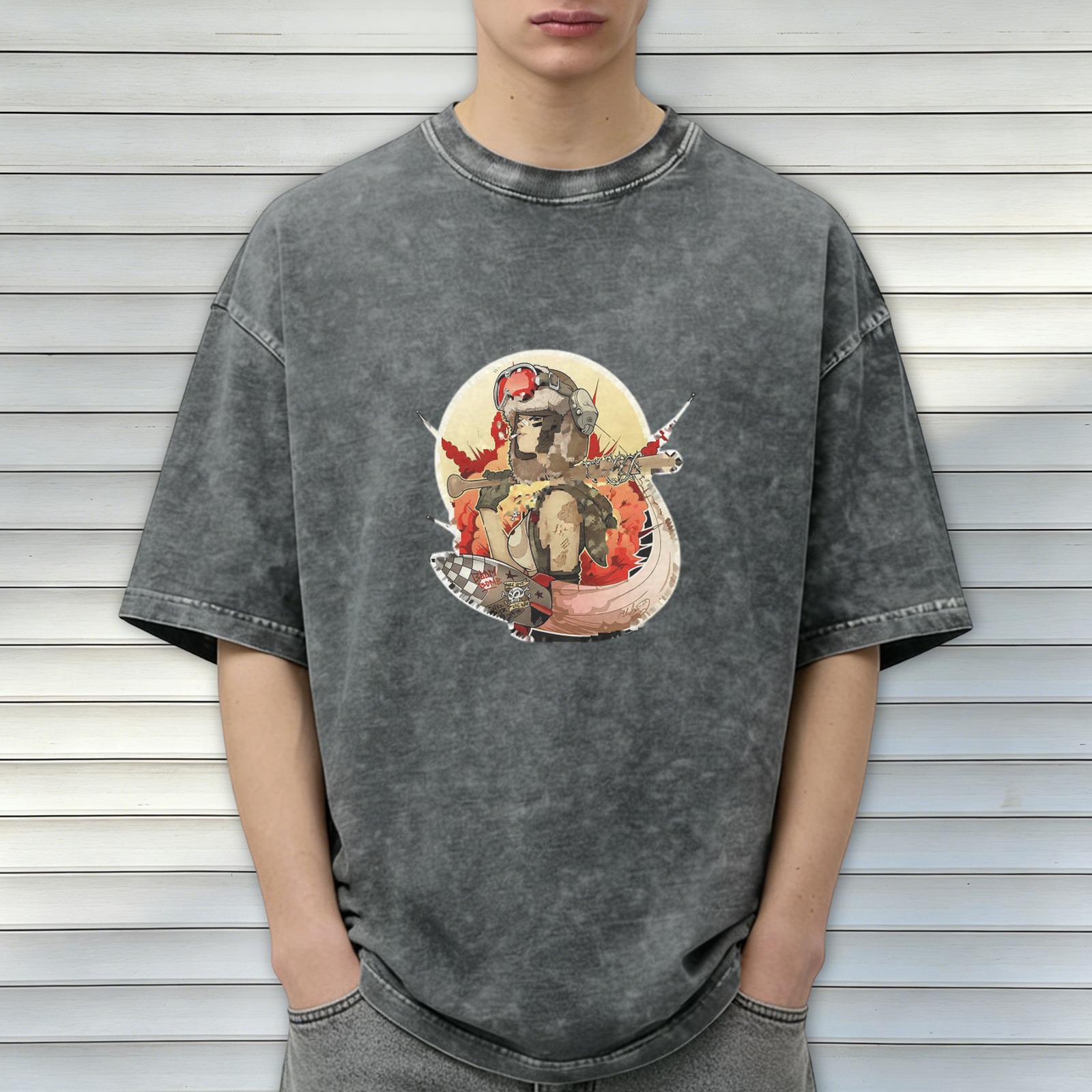 Oversized Acid Wash T-Shirt with Retro Pilot Graphic Print