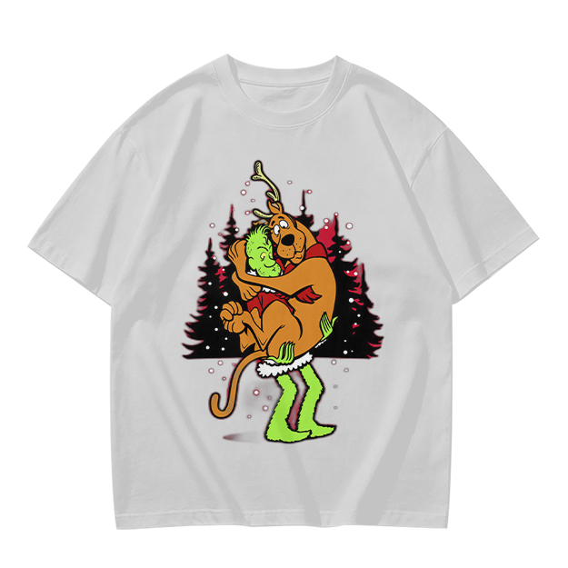 Olive Christmas T-Shirt Featuring Scooby-Doo Hugging The Grinch
