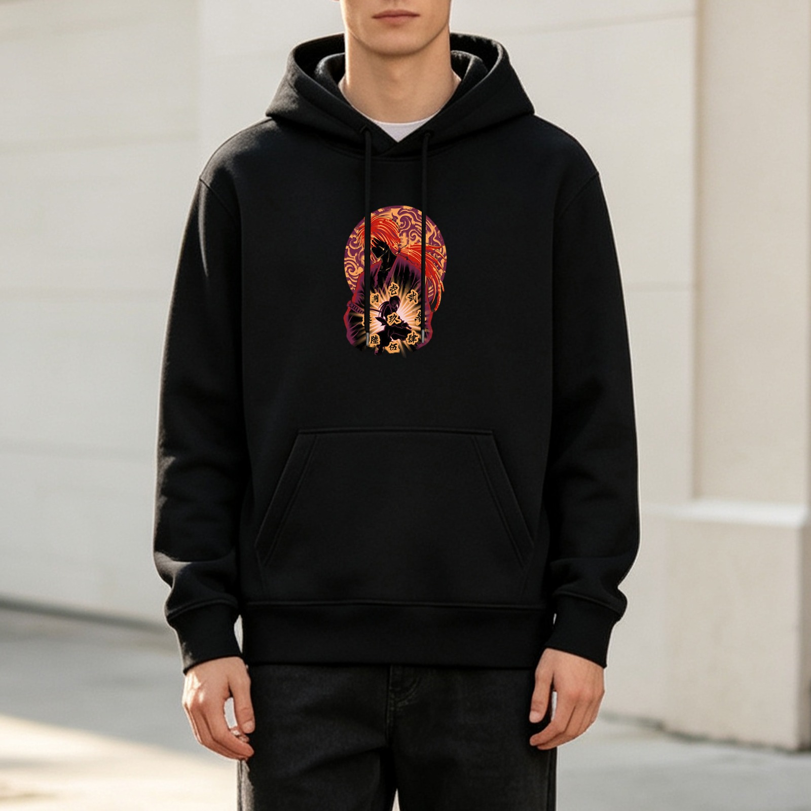 Black anime hoodie with samurai warrior graphic design