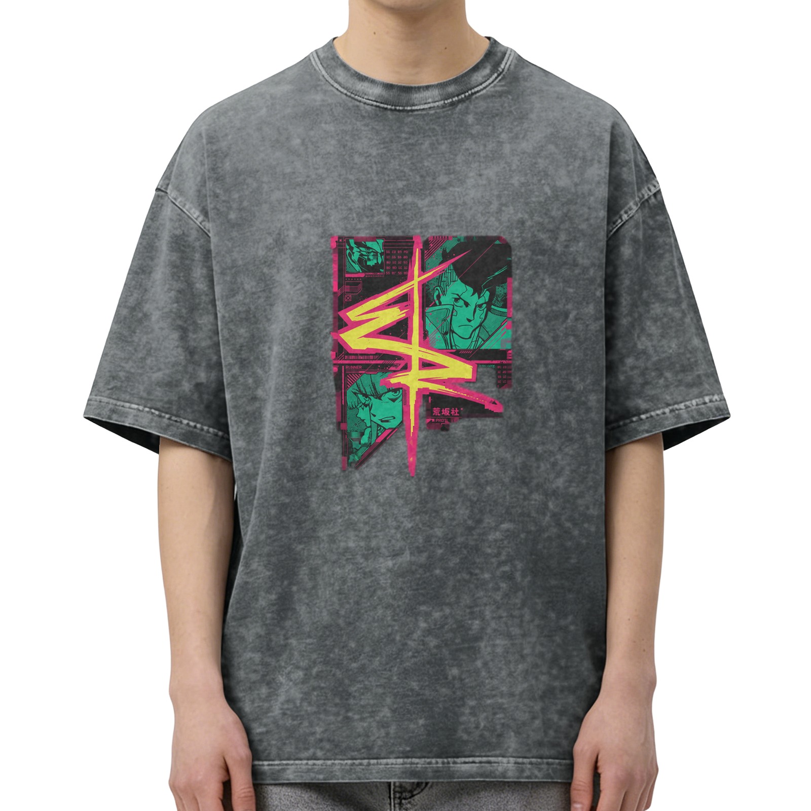 Cyberpunk Anime Graphic Acid Wash Oversized T-Shirt