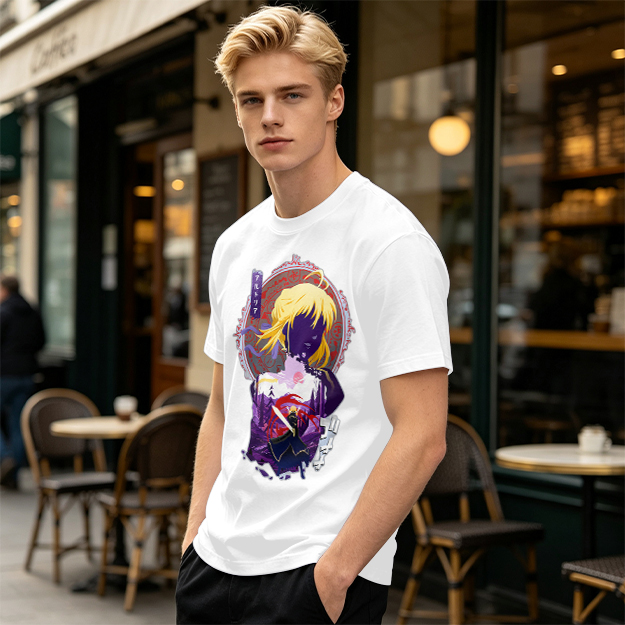 Olive green anime graphic t-shirt with Saber character print
