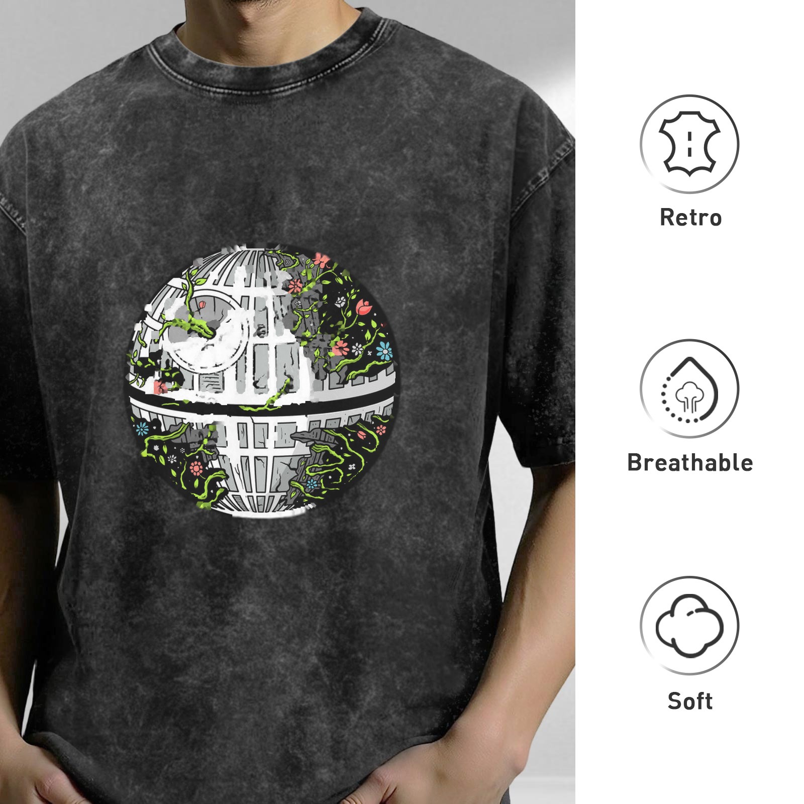 Oversized Acid Wash T-Shirt with Overgrown Death Star Graphic