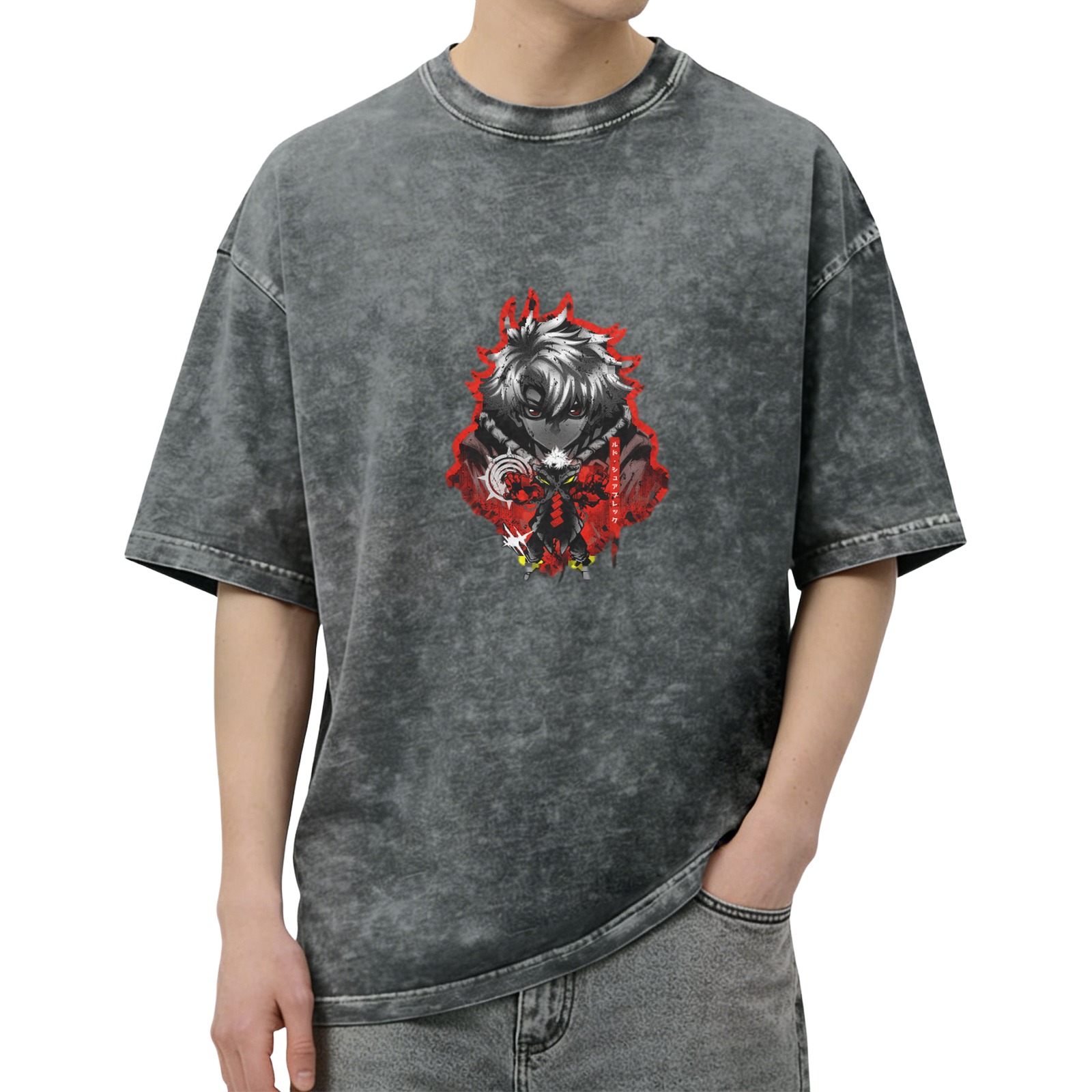 Oversized Acid Wash T-Shirt with Dark Anime Character Print