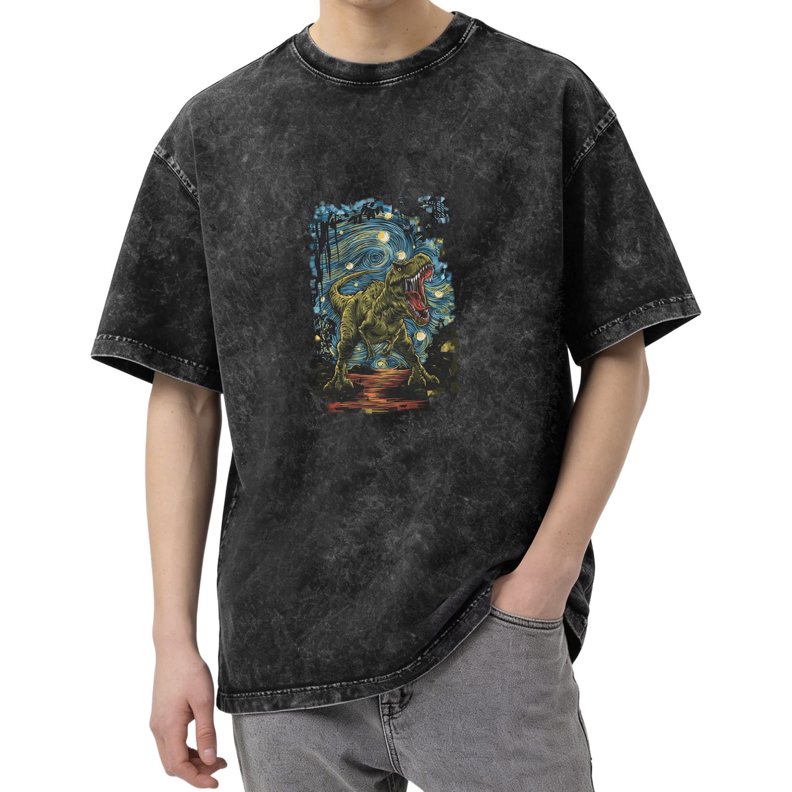 Washed Black T-Shirt with T-Rex Starry Night Graphic Print