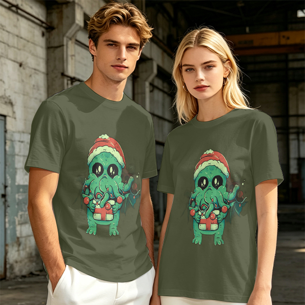 Olive Green T-Shirt With Cute Christmas Cthulhu Graphic