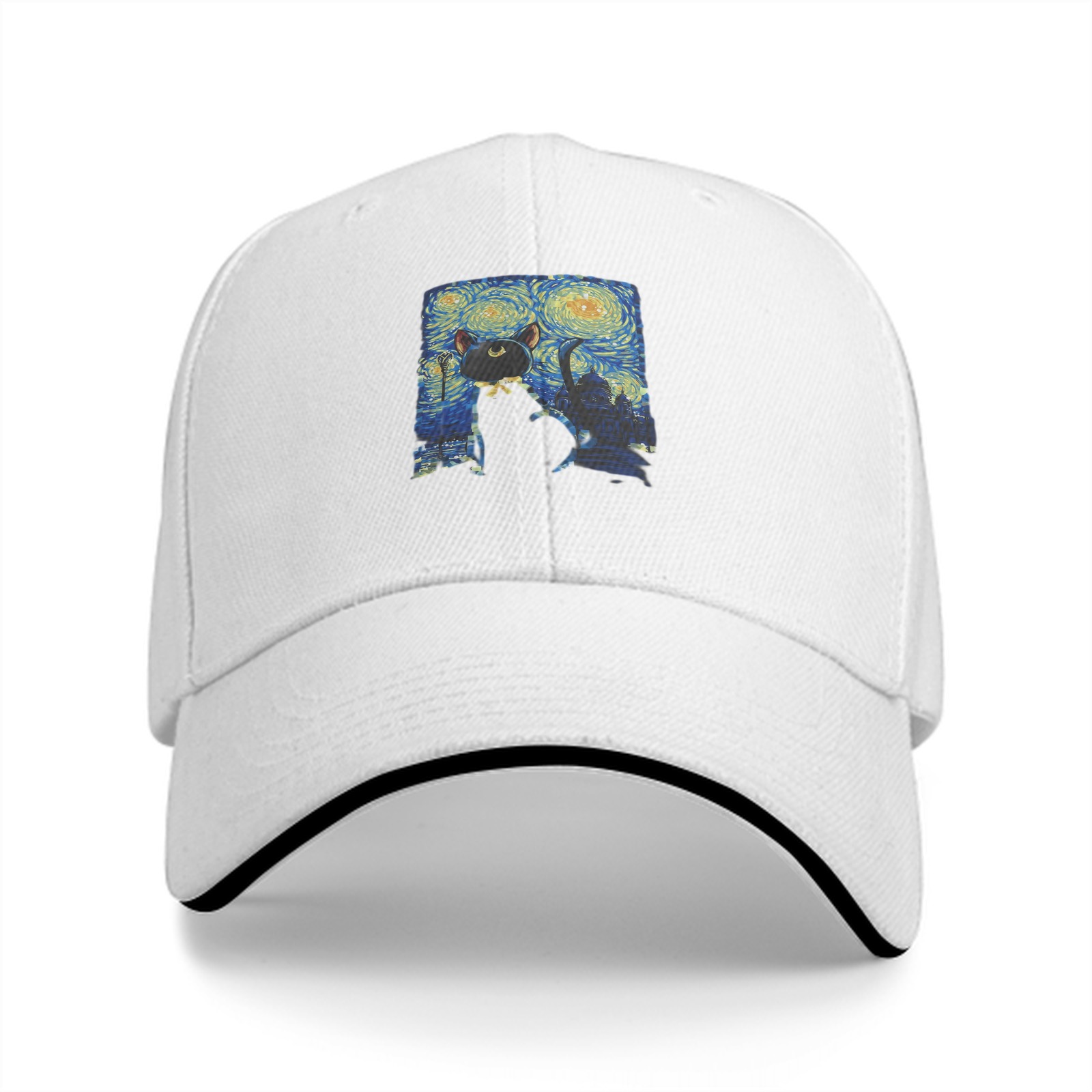 Black Baseball Cap With Starry Night Cat Art Print