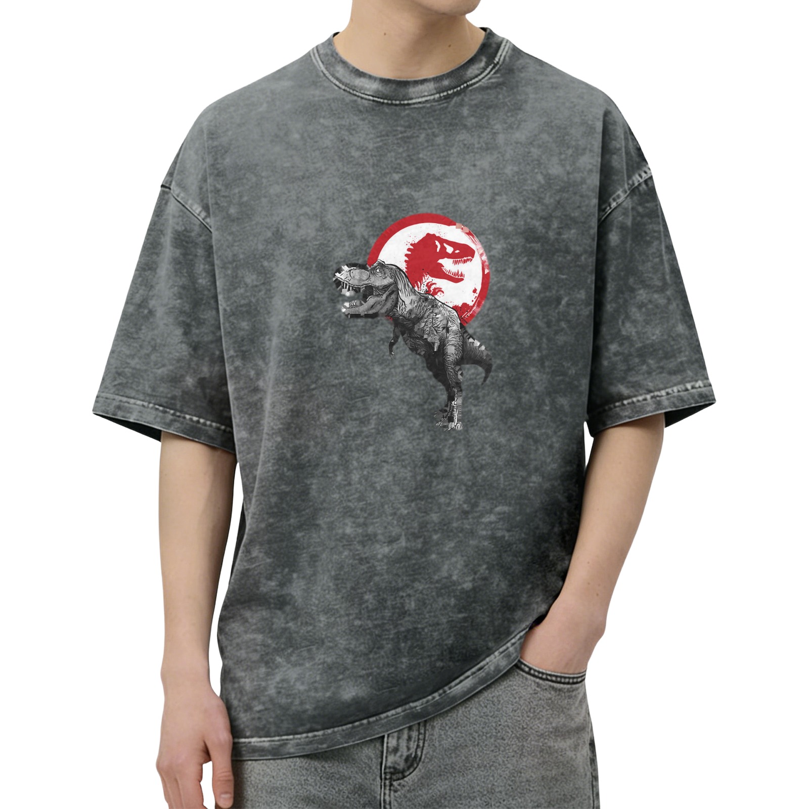 Washed Black Oversized T-Shirt with T-Rex Dinosaur Graphic