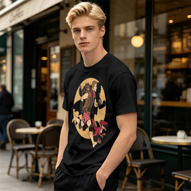 Olive T-Shirt With Fantasy Running Character And Creatures Print