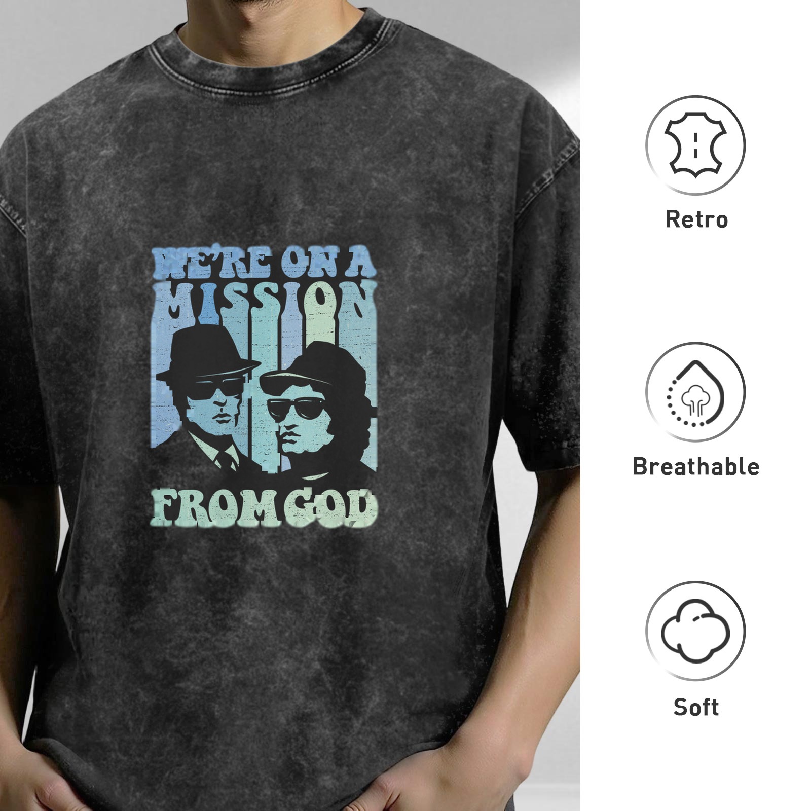 Retro washed black short-sleeved T-shirt Blues Brothers themed print 'We're On A Mission From God' distressed casual top