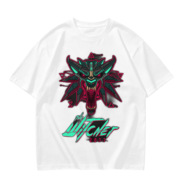 Olive green t-shirt with cyberpunk witcher wolf head graphic