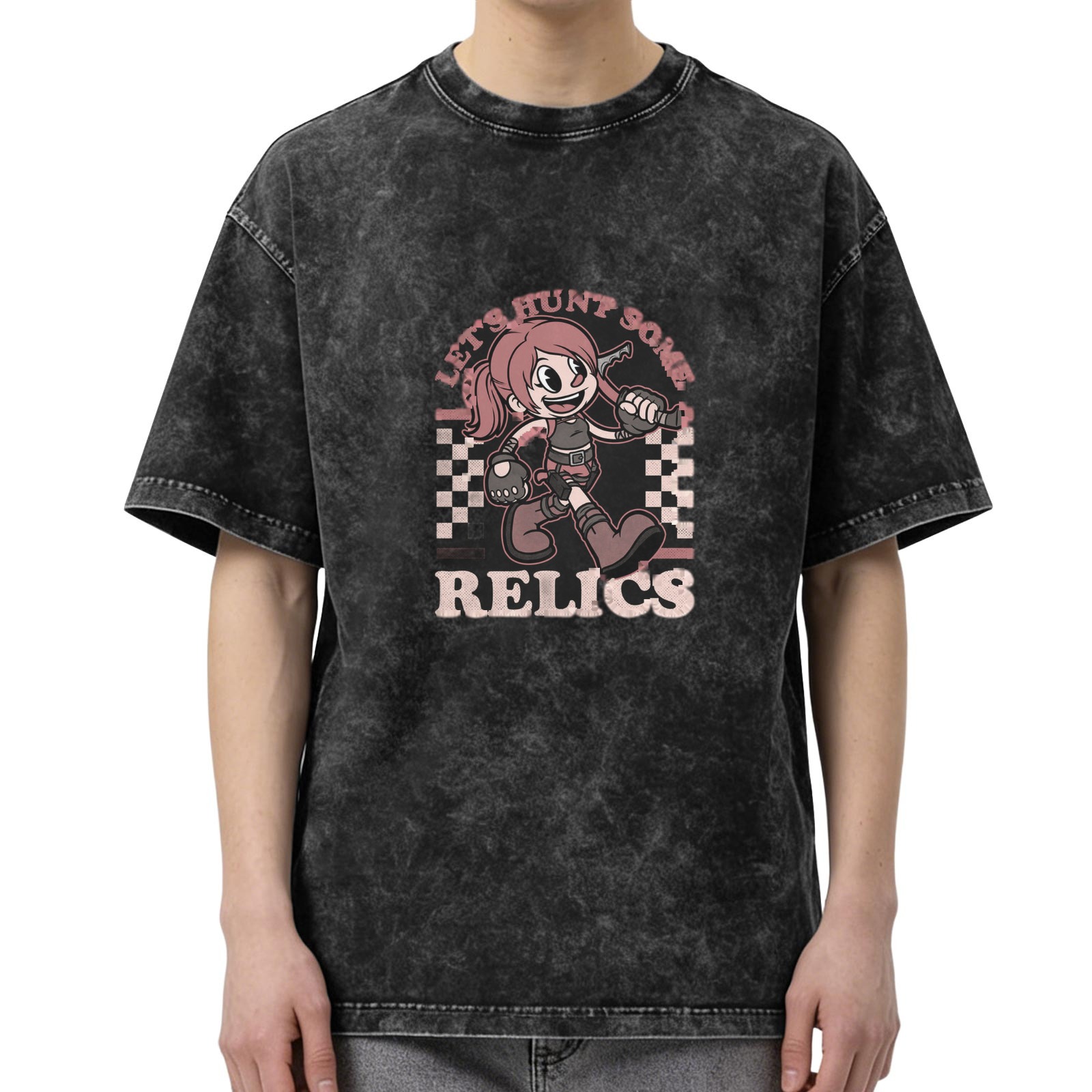 Washed Graphic Tee With Retro Cartoon Relic Hunter Print