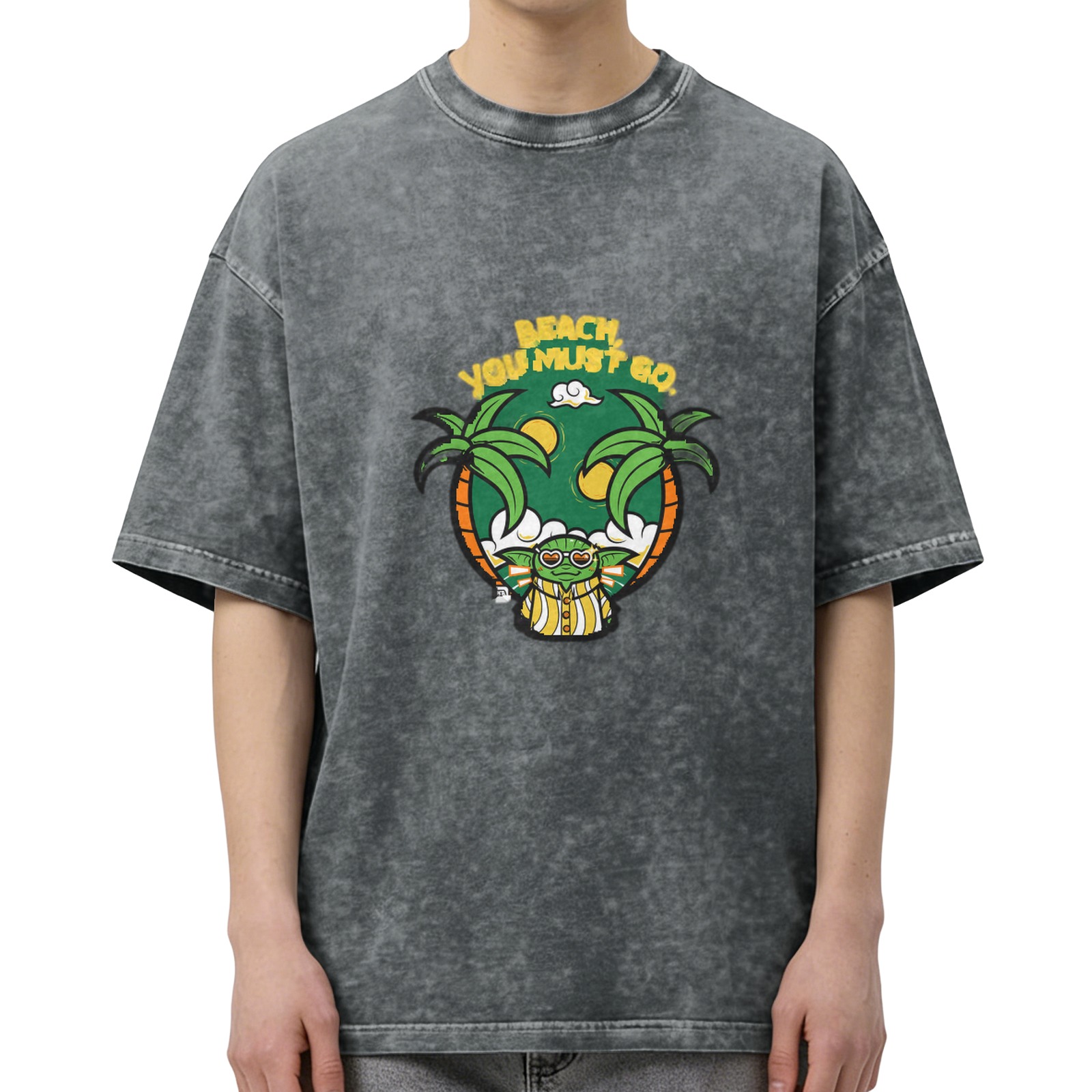 Washed black graphic t-shirt with beach Yoda 'Beach You Must Go' print