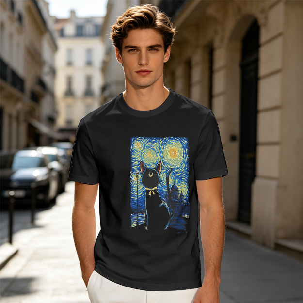 Olive T-Shirt with Starry Night Cat Art Print