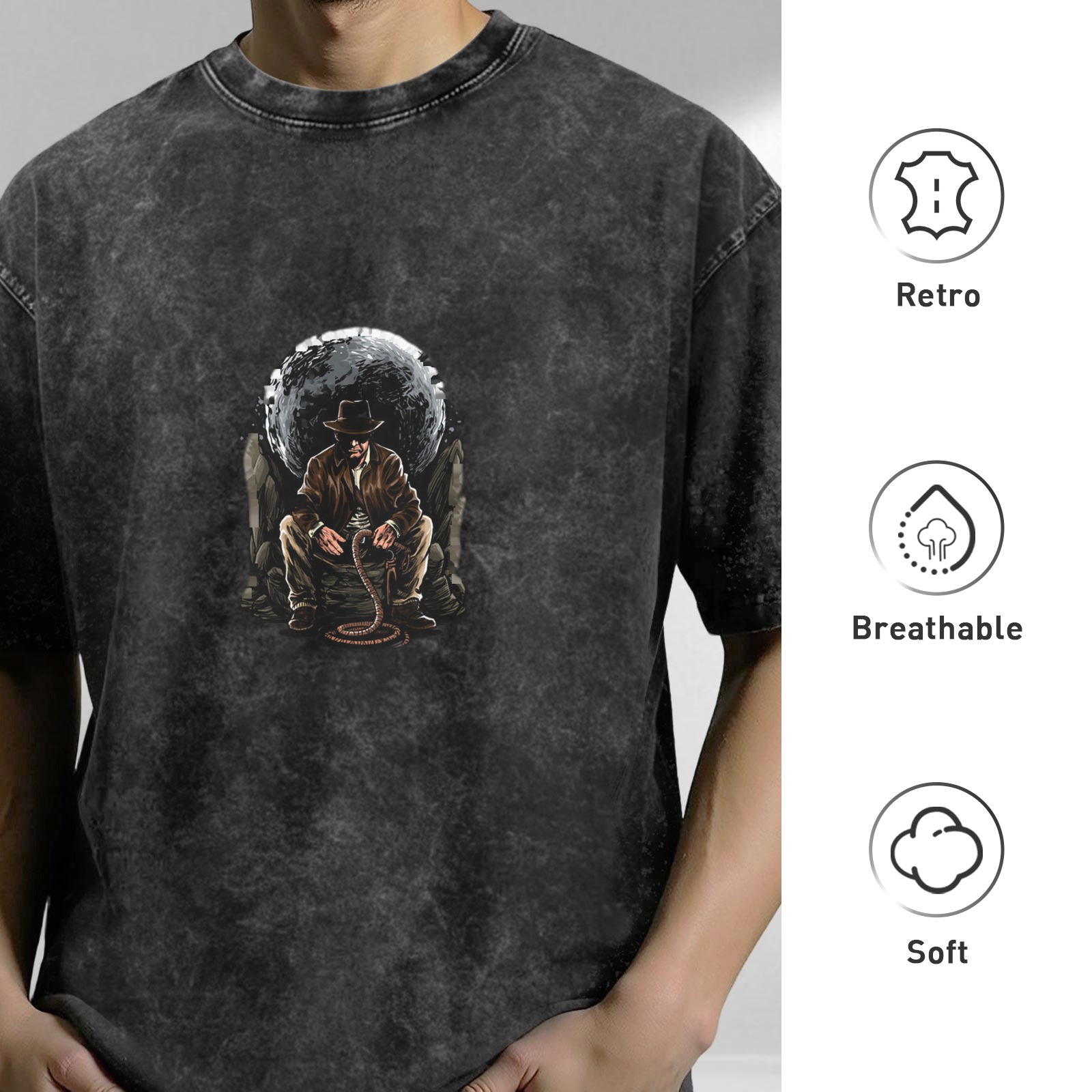 Washed Black T-Shirt With Adventurer And Snake Graphic Print