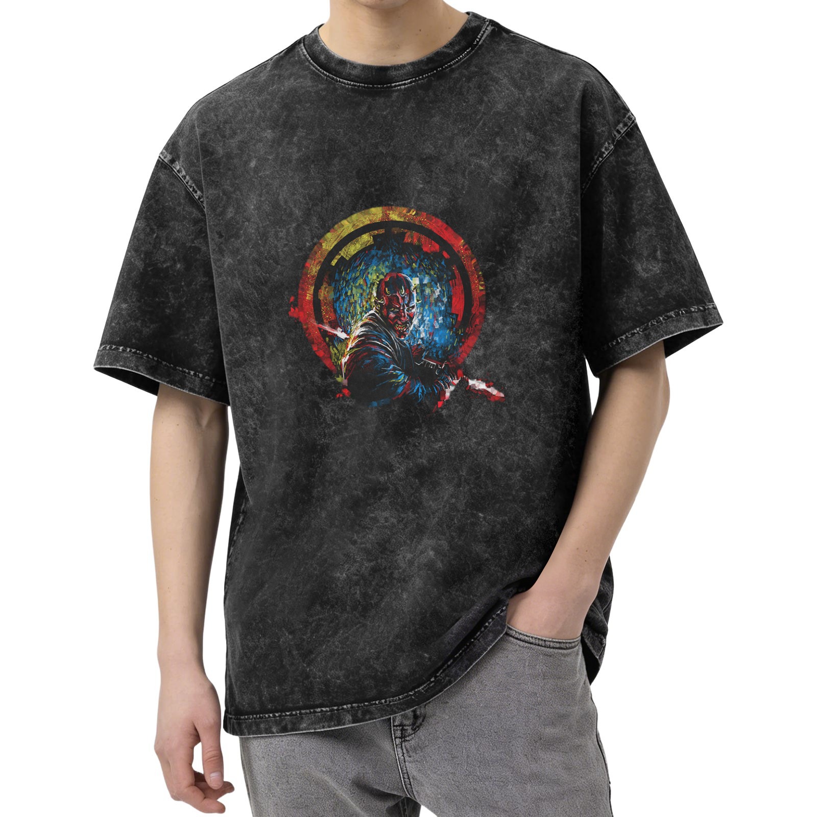 Oversized Acid Wash T-Shirt With Samurai Warrior Graphic