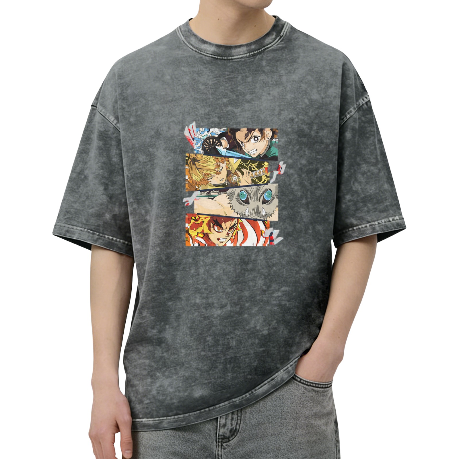 Demon Slayer themed distressed short-sleeved T-shirt