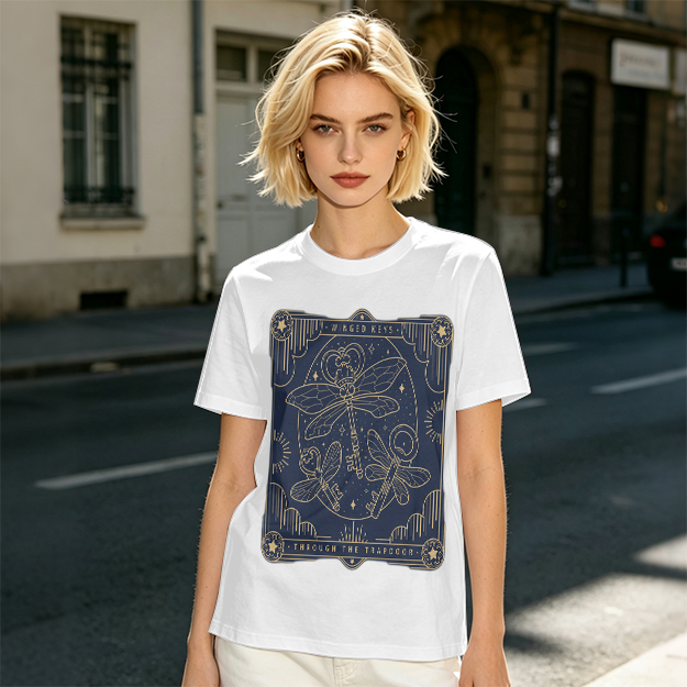 Olive t-shirt with winged keys tarot-style graphic design