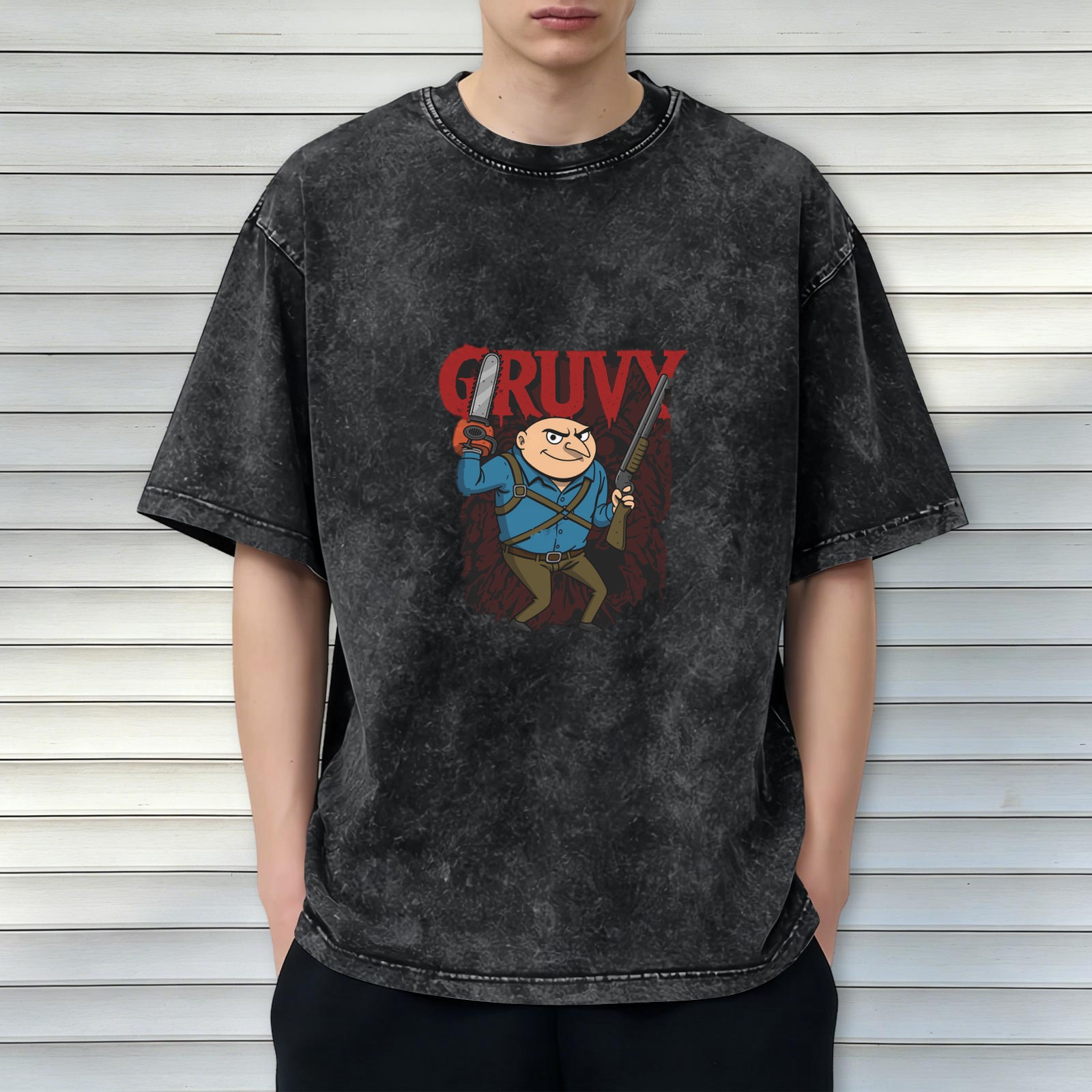 Washed Black T-Shirt With Gruvy Chainsaw Gun Cartoon Print