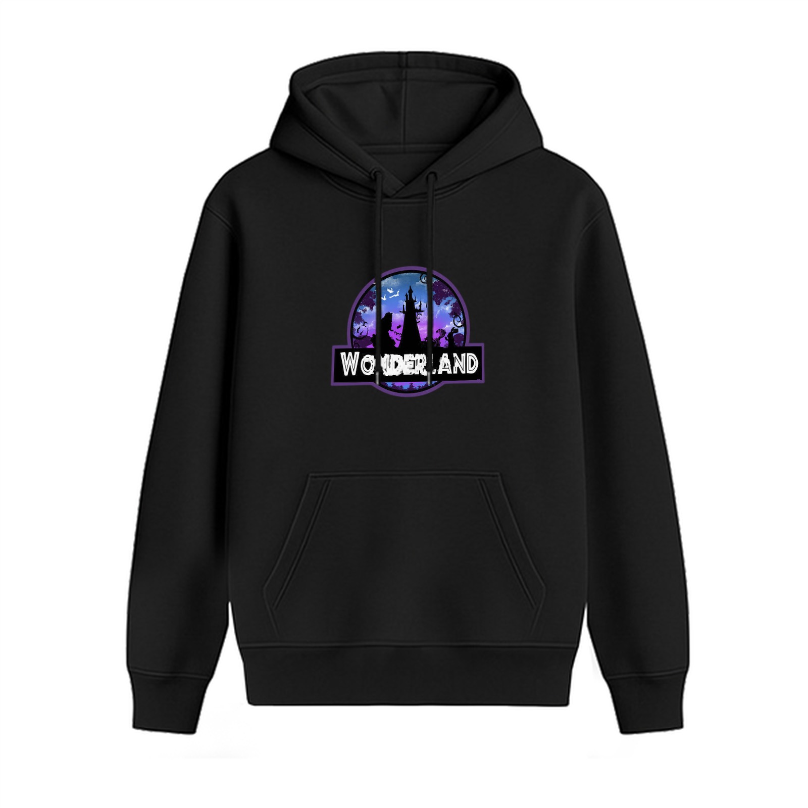 Black Hoodie With Wonderland Castle Night Sky Graphic Print