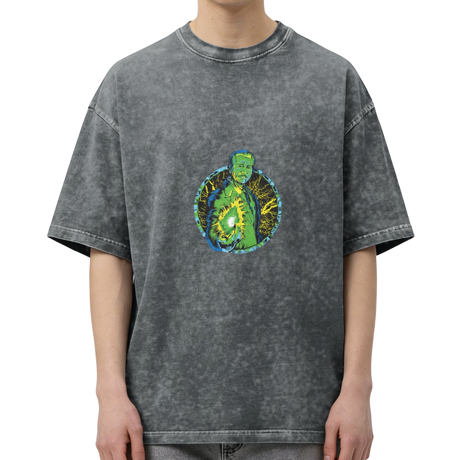 Oversized Acid Wash T-Shirt With Green Energy Figure Graphic