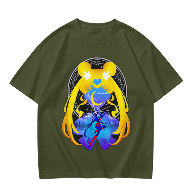 Olive T-Shirt with Sailor Moon Themed Graphic Print