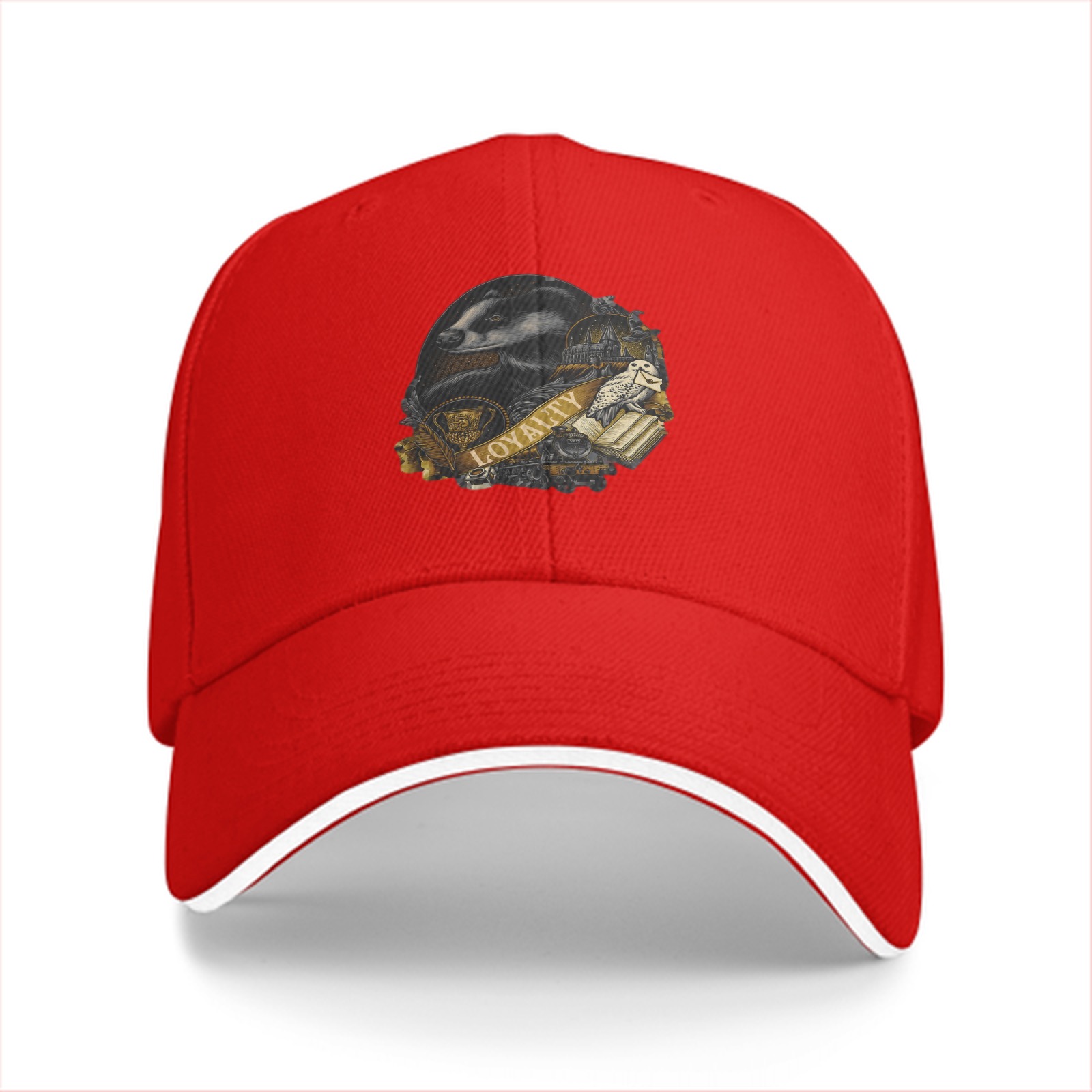 Black baseball cap with Hufflepuff loyalty badger crest print