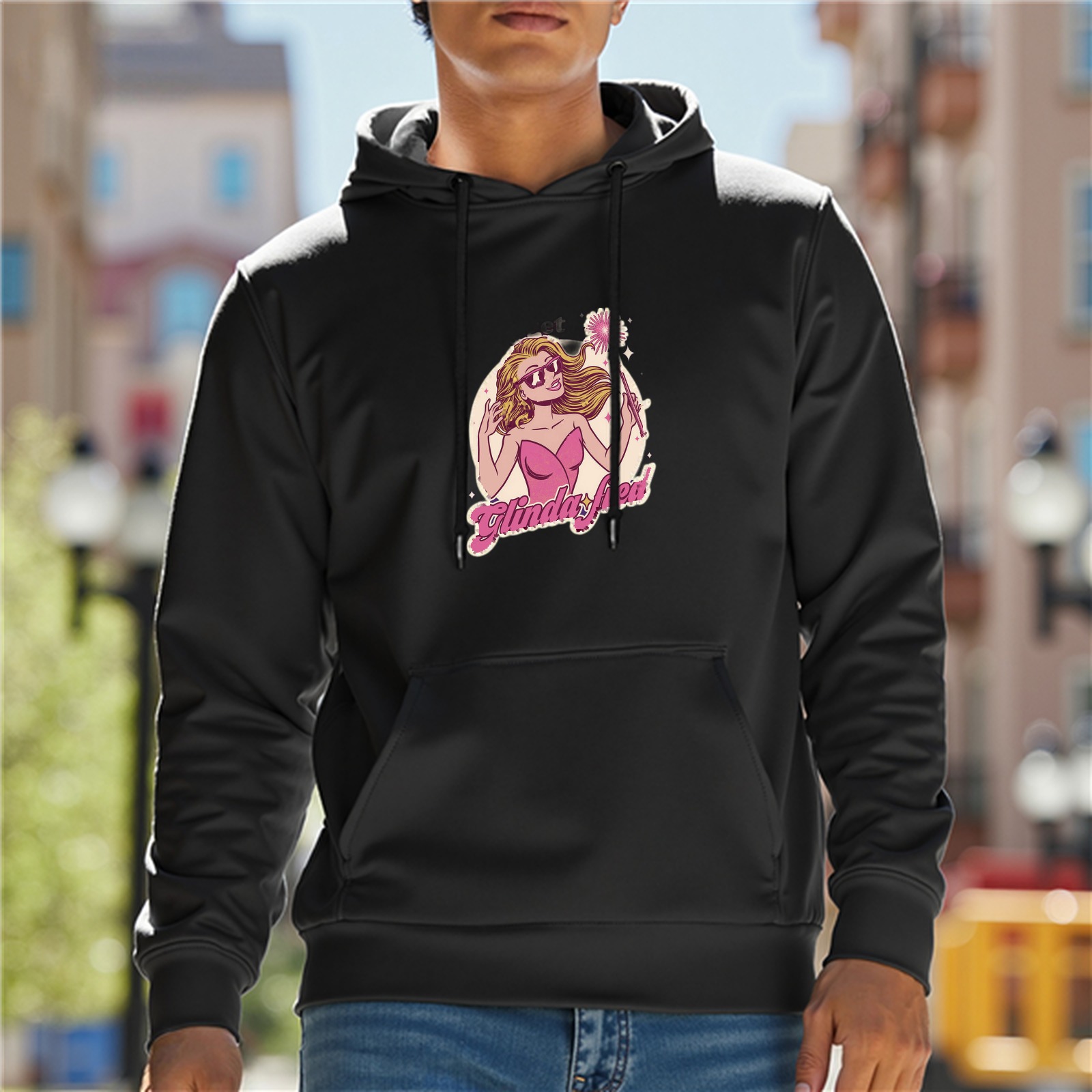 Black hoodie with Glinda-themed graphic print